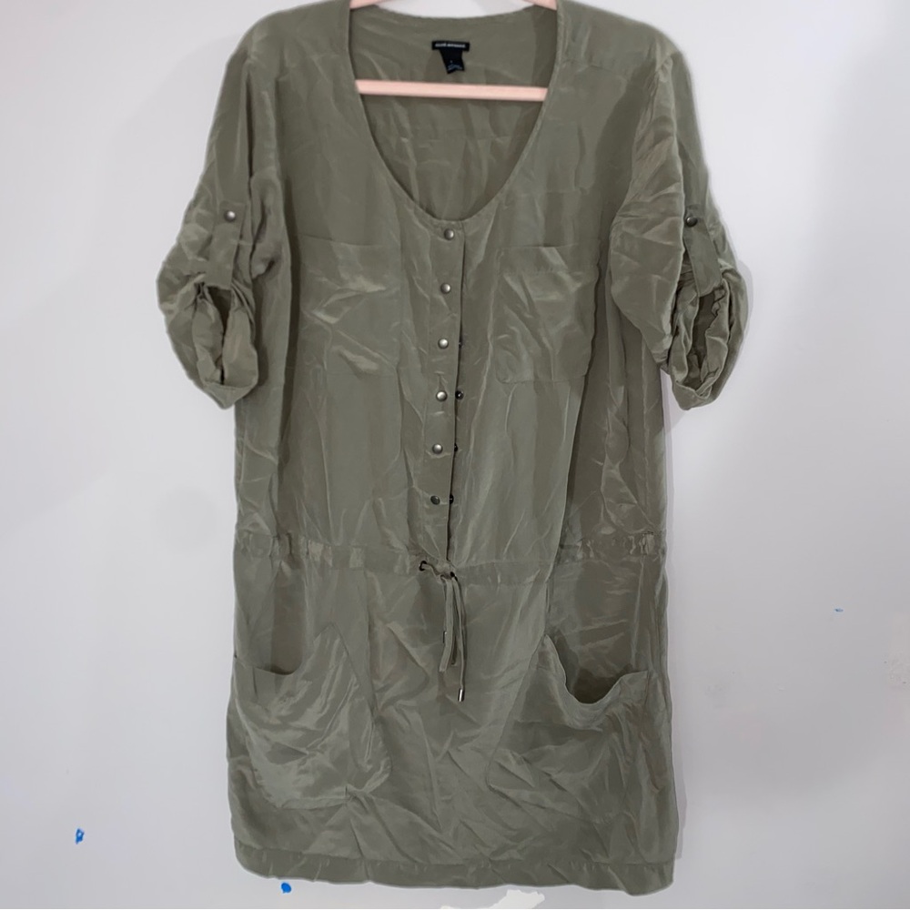 Club Monaco Olive Green Utility Dress, Silk, Size 6, Button Up, With Pockets